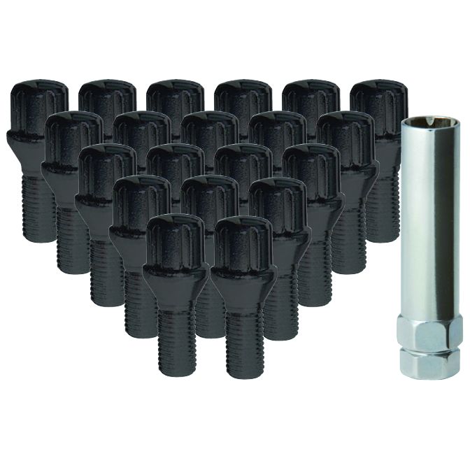 14x1.5mm Black Heat Treated Conical Seat Lug Bolts - 17mm Hex Head (20-Piece Set with Key) - Perfect for Wheel Installation & Automotive Repairs