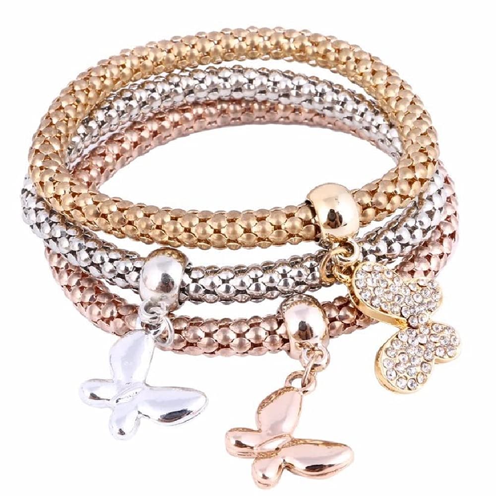 SILANER Crystal Charms Multilayer Bracelets - 3PCS Gold/Silver/Rose Gold Corn Chain Bracelets for Women, Tree of Life Heart Shaped Stretch Bracelet Set - Perfect for Gifts, Parties, and Everyday Wear
