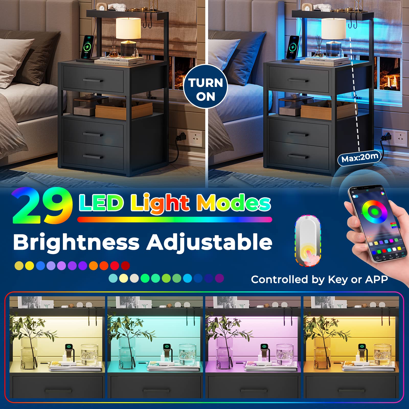 Modern LED Nightstand with USB & AC Charging - 3 Drawers & Open Storage for Bedroom