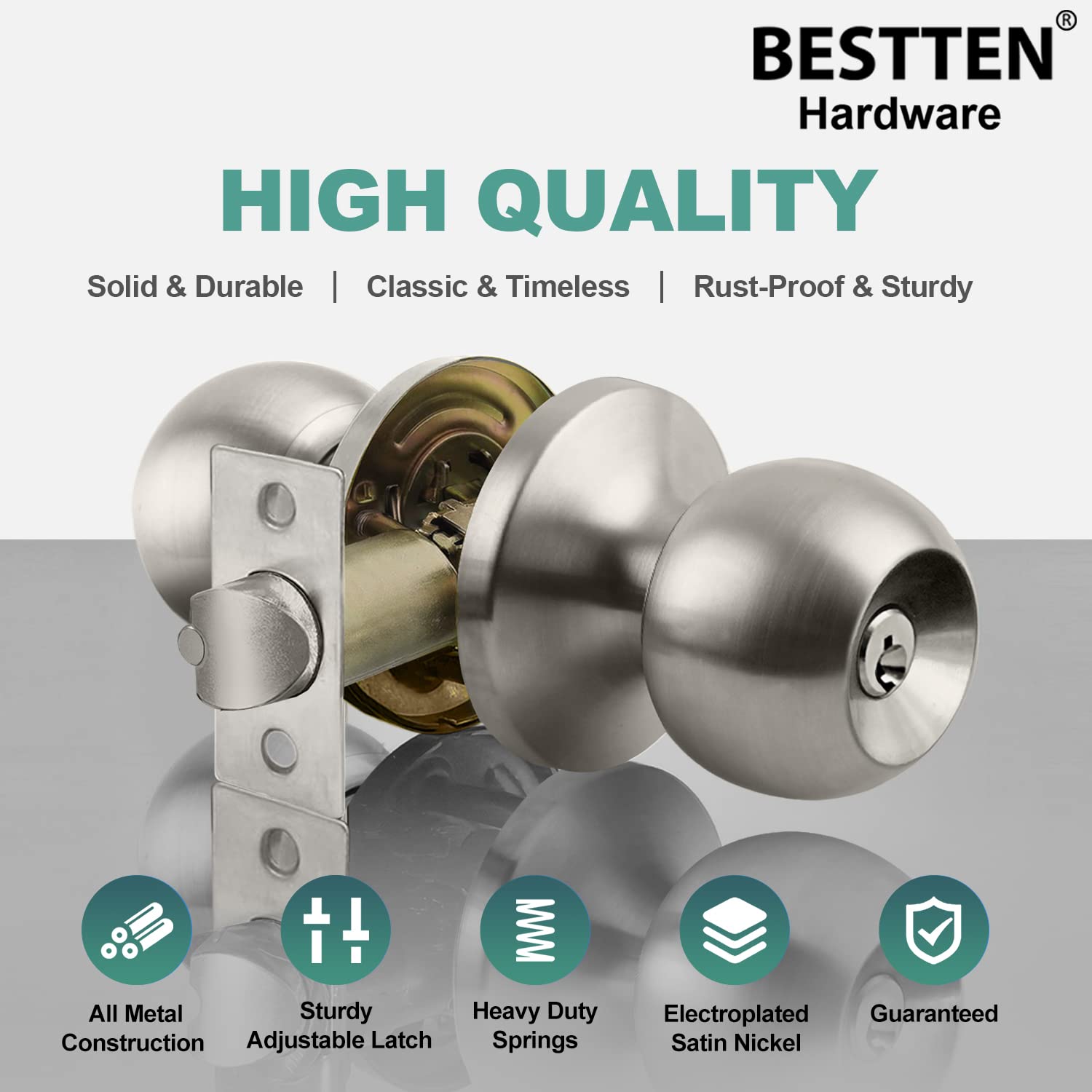 BESTTEN [2 Pack] Keyed Alike Entry Door Knob Set - Exterior & Interior Ball Door Knob with Lock & Key, Adjustable Latch, Satin Nickel Finish - Perfect for Homes, Apartments & Offices