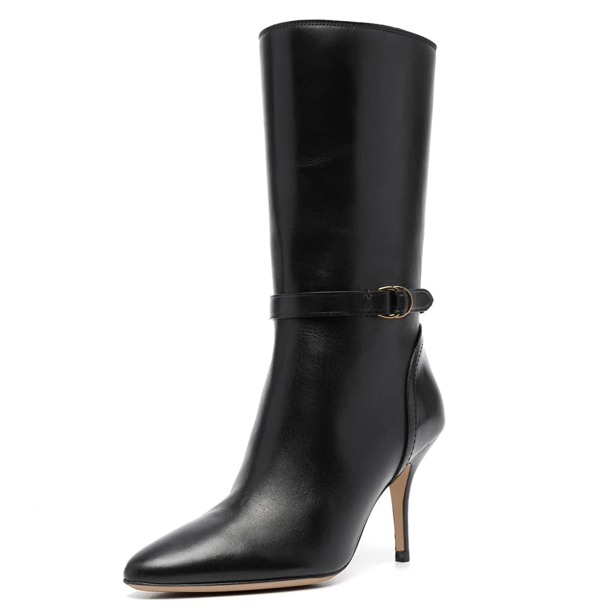 YDN Women's Pointed Toe Buckle Stiletto Mid Heel Boots - Mid Calf Dress Booties for Office & Winter (US Size 4-15) - Perfect for Work, Parties & Formal Occasions