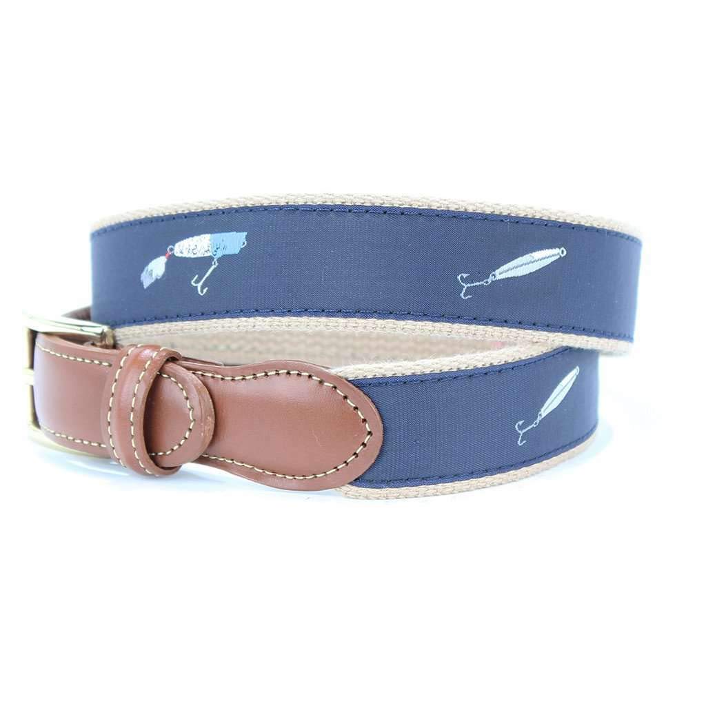 COUNTRY CLUB PREP Saltwater Fishing Lures Leather Tab Belt - Navy Blue | Durable Adjustable Waistband for Boating, Fishing & Outdoor Activities