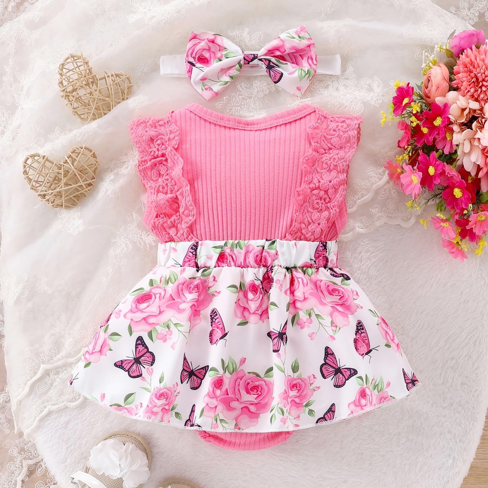 Baby Girl Romper Dress 0-12 Months | Newborn Lace Ruffle Sleeveless Summer Outfit with Headband | Perfect for Photoshoots, Parties & Outdoor Play