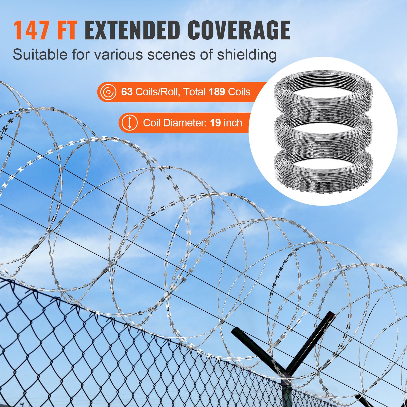 VEVOR 147 ft Galvanized Razor Barbed Wire - 3 Rolls Double Spiral Razor Ribbon Fencing for Security, Garden Protection & Perimeter Defense | Heavy Duty Galvanized Steel Wire for Home, Farm & Commercial Use