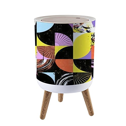 7L/1.8 Gallon Press-Top Trash Can with Wooden Legs - Dog Proof Round Garbage Bin for Kitchen, Bathroom & Outdoor Use - Abstract Geometric Design with Squares, Circles & Brush Strokes - Ideal for Home, Office, RV and Patio Waste Disposal