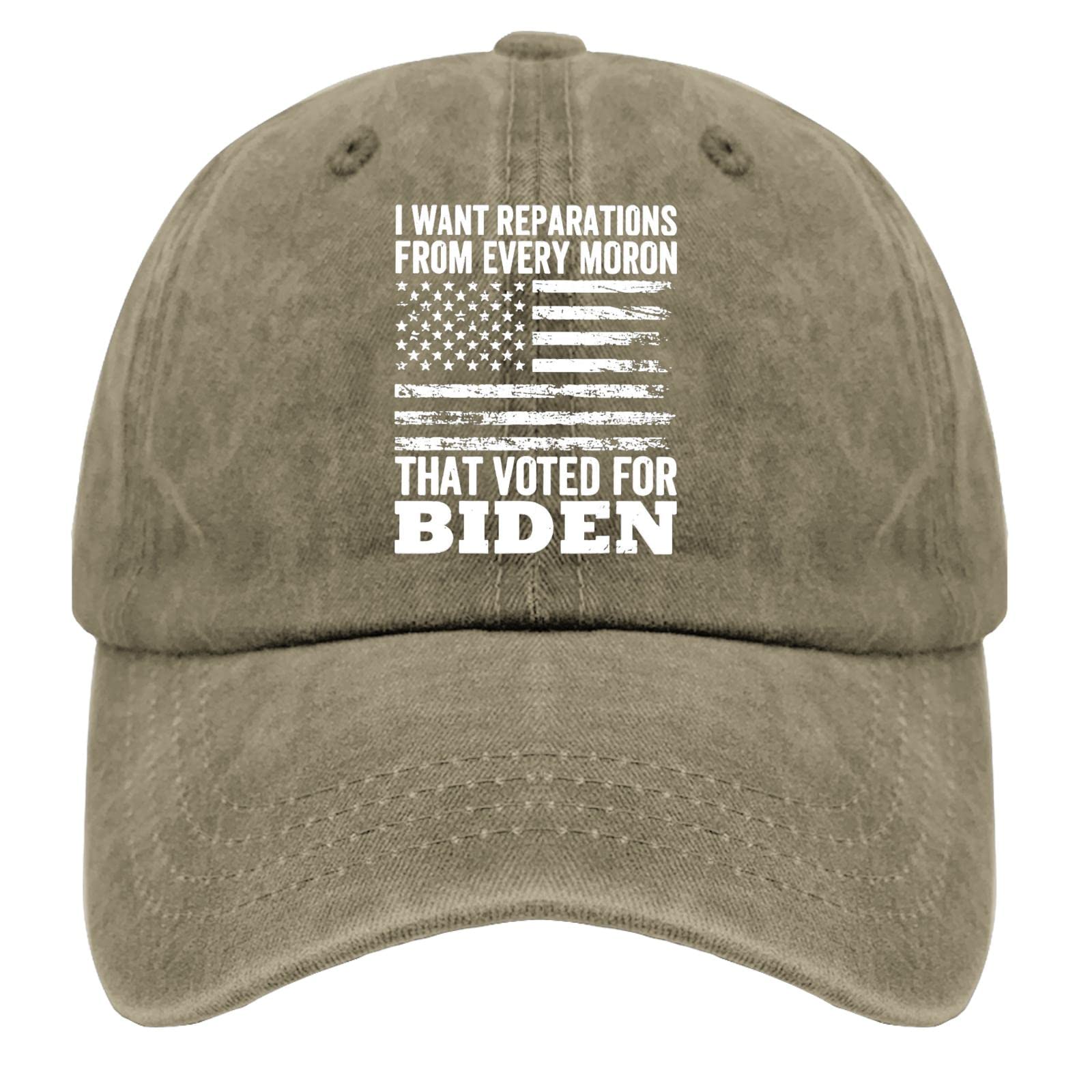 RONO Men's Baseball Cap - Funny Political Hat 'I Want Reparations from Every Moron That Voted for Biden' - Adjustable Dad Hat for Casual Wear, Outdoor Activities & Political Satire