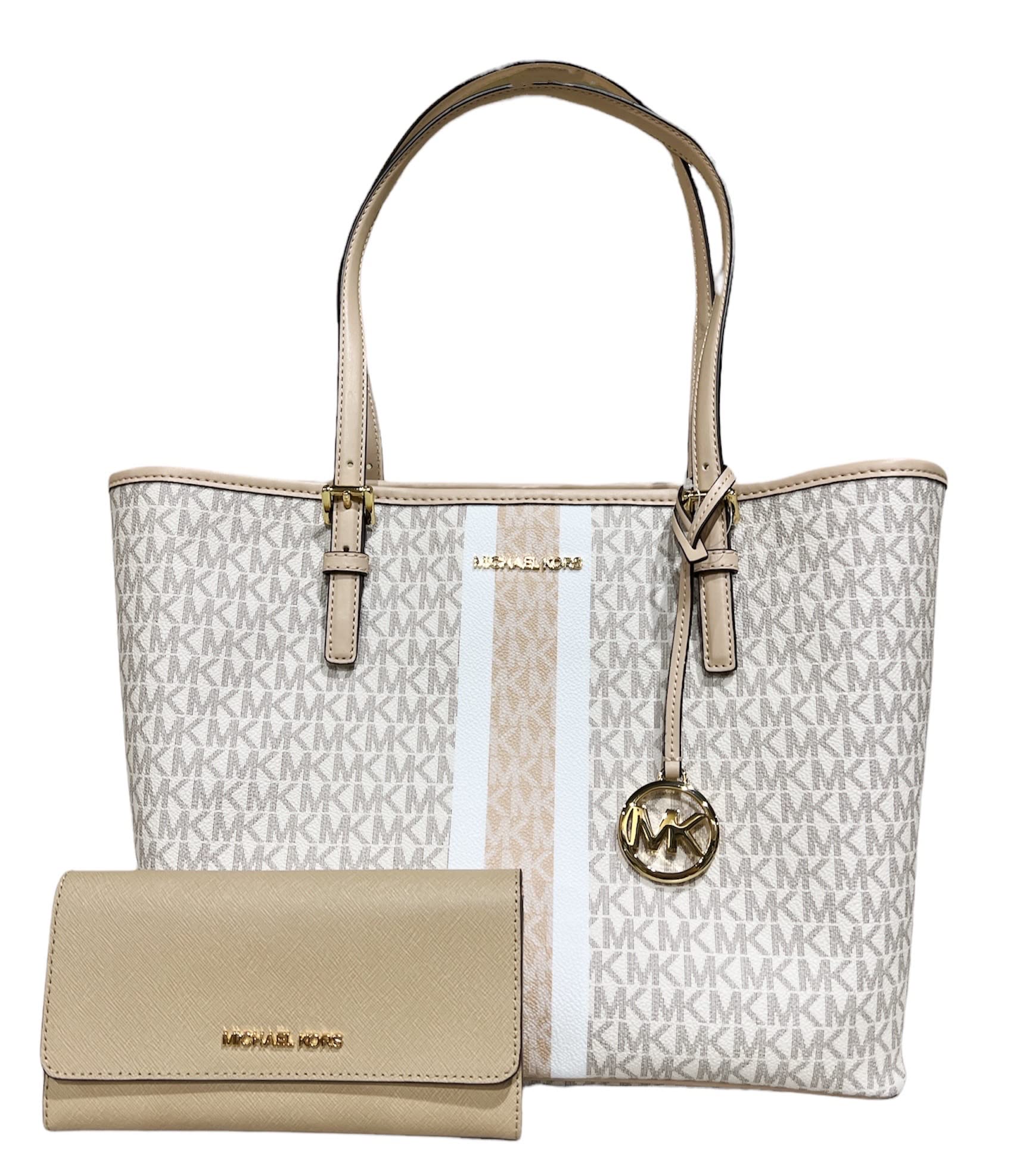 MICHAEL Michael Kors Jet Set Travel MD Carryall Tote with Matching Large Trifold Wallet - Stylish Women's Leather Handbag & Wallet Set for Work, Travel and Everyday Use