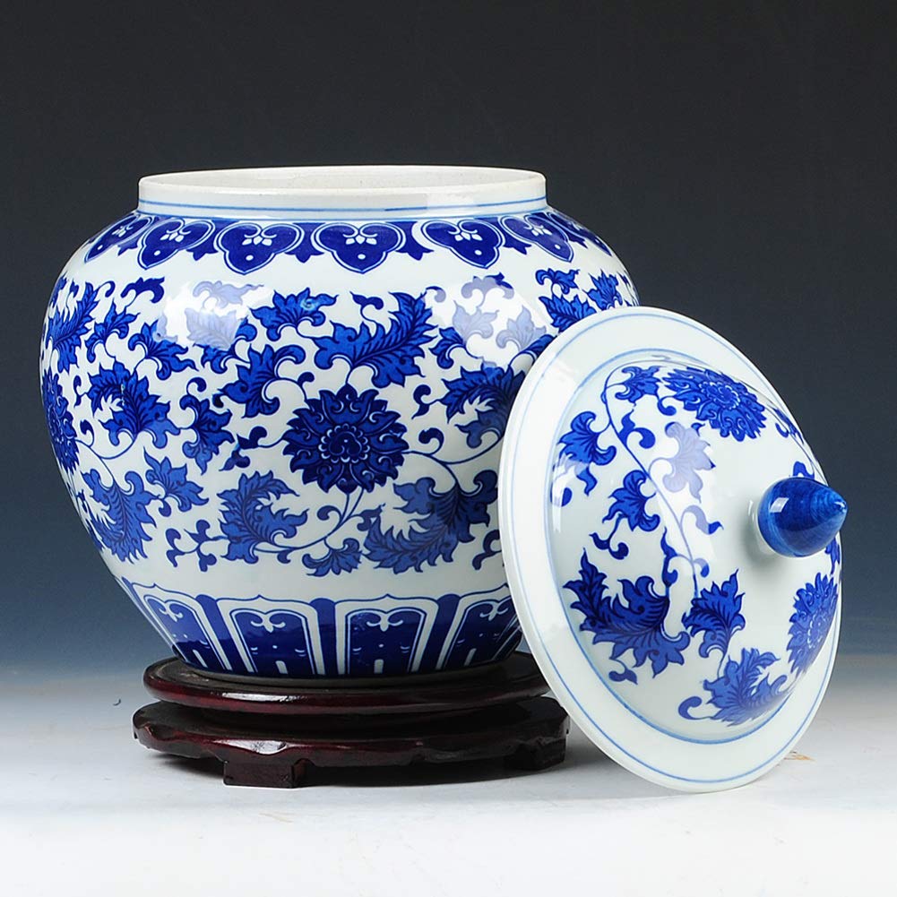 Blue and White Classic Ceramic Jar Vase - Traditional Chinese Porcelain Flower Vase with Base - Antique Home Decor Centerpiece (H30cm x W25cm) - Perfect for Living Room, Dining Table, and Wedding Decorations