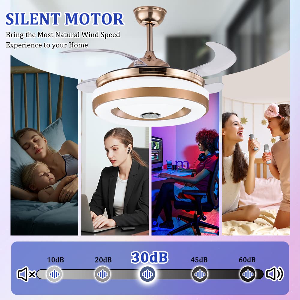 42 Inch Smart Retractable Ceiling Fan with LED Light & Remote Control - Modern Low Profile Hidden Chandelier Fan for Bedroom, Dining & Living Room - Ultra Quiet, Multi-Speed, Dimmable Lighting for Year-Round Comfort