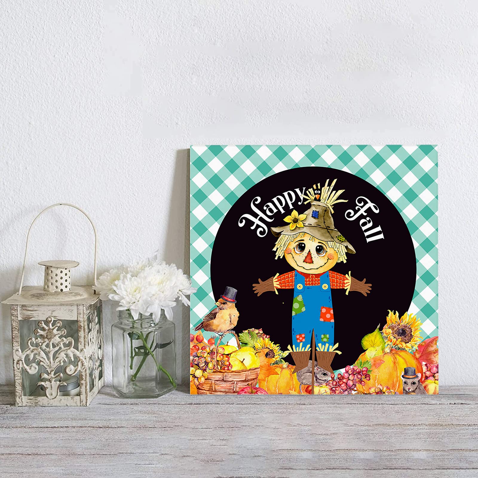 Framed Canvas Wall Art - Thanksgiving Fall Scarecrow & Pumpkin Blue Buffalo Plaid Painting - Stretched & Framed Home Decor for Bathroom, Bedroom, Living Room & Office