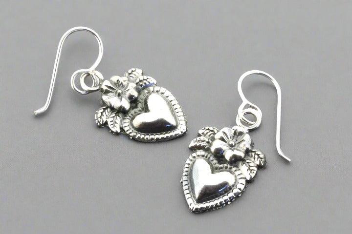 Heart & Flower Drop Earrings - Sterling Silver Dangle Earrings for Women, Elegant Gift for Valentine's Day, Anniversary or Special Occasion