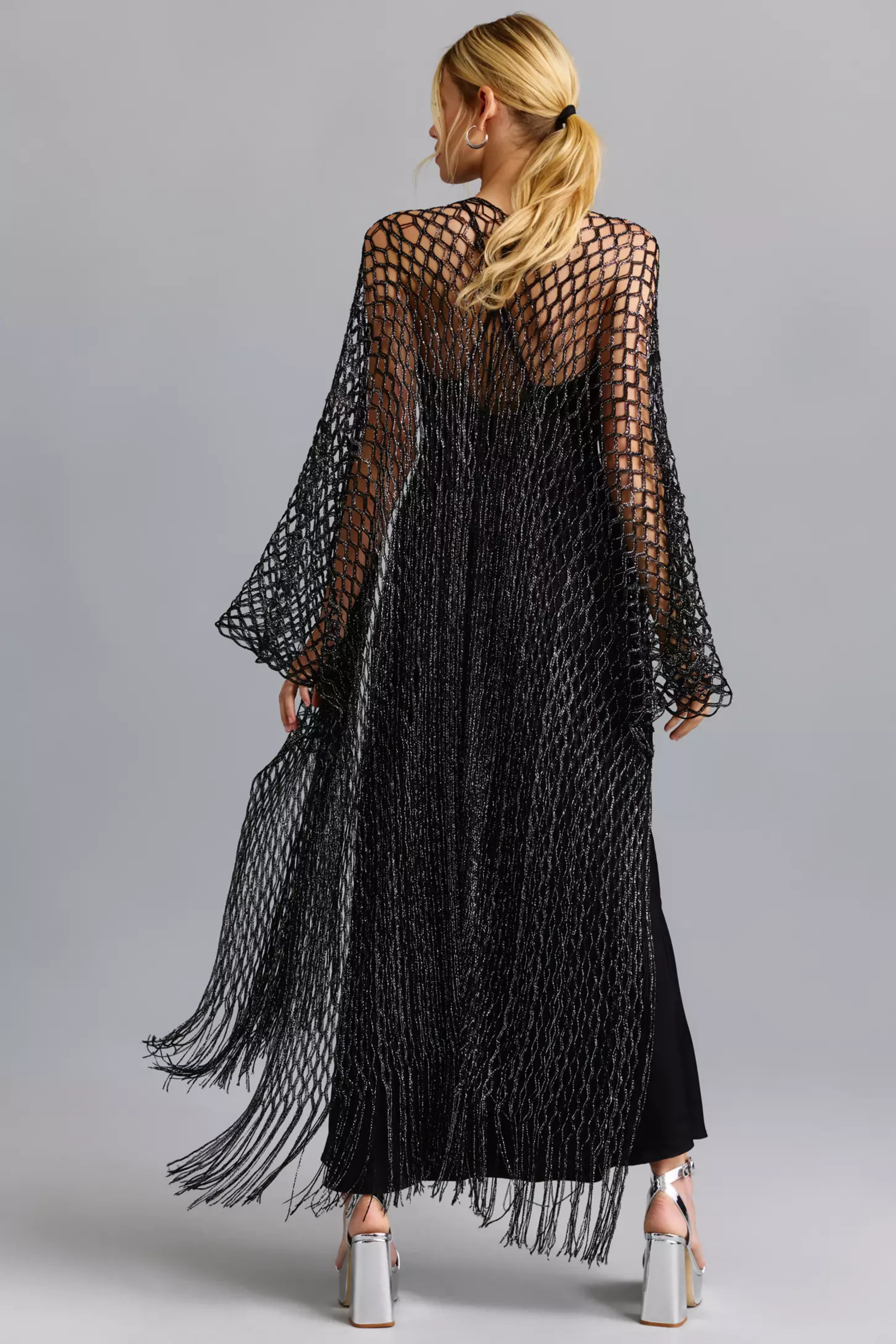 Stylish Metallic Fringe Kimono Jacket for Women - Boho Chic Cover Up - Perfect for Beach, Festival, and Evening Wear