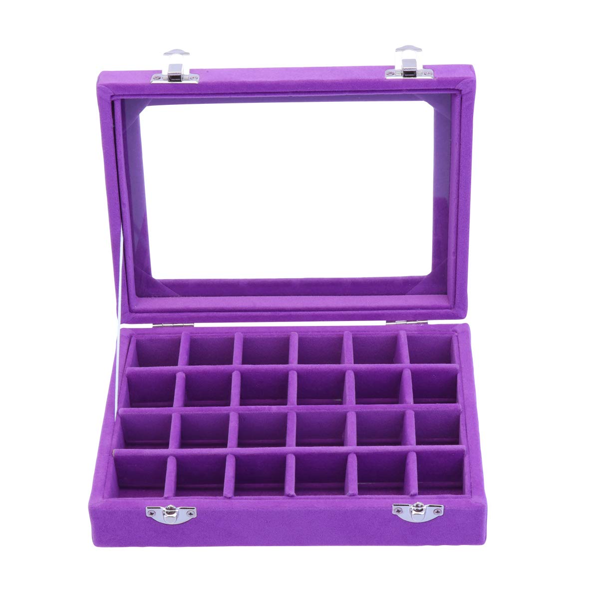 Wooden Jewelry Storage Box with Flip Cover - 24 Grid Earring & Ring Organizer for Women & Girls - Portable Jewelry Display Case - Practical Gift for Travel, Home & Office (Purple)