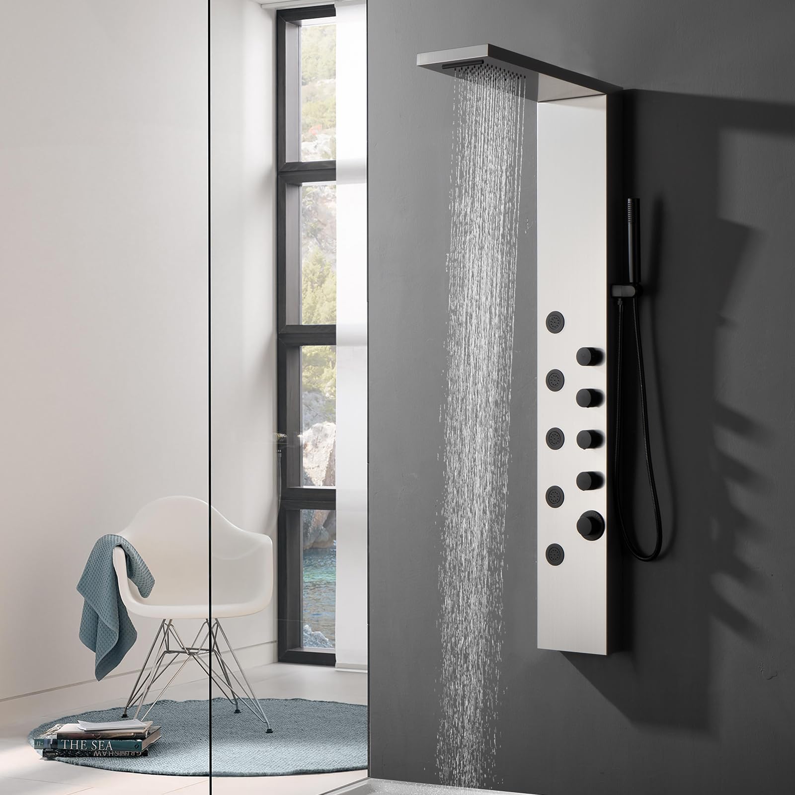 Homevacious Modern Shower Panel Tower System - Rainfall Shower Head, 5 Body Jets & Handheld Shower - Brushed Nickel Finish - Spa-Like Bathroom Upgrade for Luxury Shower Experience