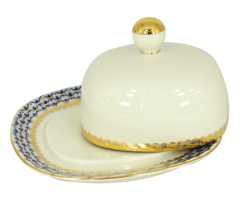 Lomonosov Porcelain Butter Dish - Elegant Rectangular Cobalt Net Design - Perfect for Breakfast, Brunch & Tea Parties - Russian Fine Dining Tableware