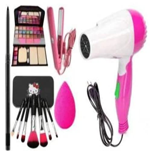 Bhavya Women's & Girls' 12-Piece Makeup Kit Set - Multicolor Cosmetic Collection with 7 Brushes, Kajal Pencil, Beauty Blender, Mini Hair Straightener & Hair Dryer | Perfect for Travel, Parties & Everyday Makeup Routine