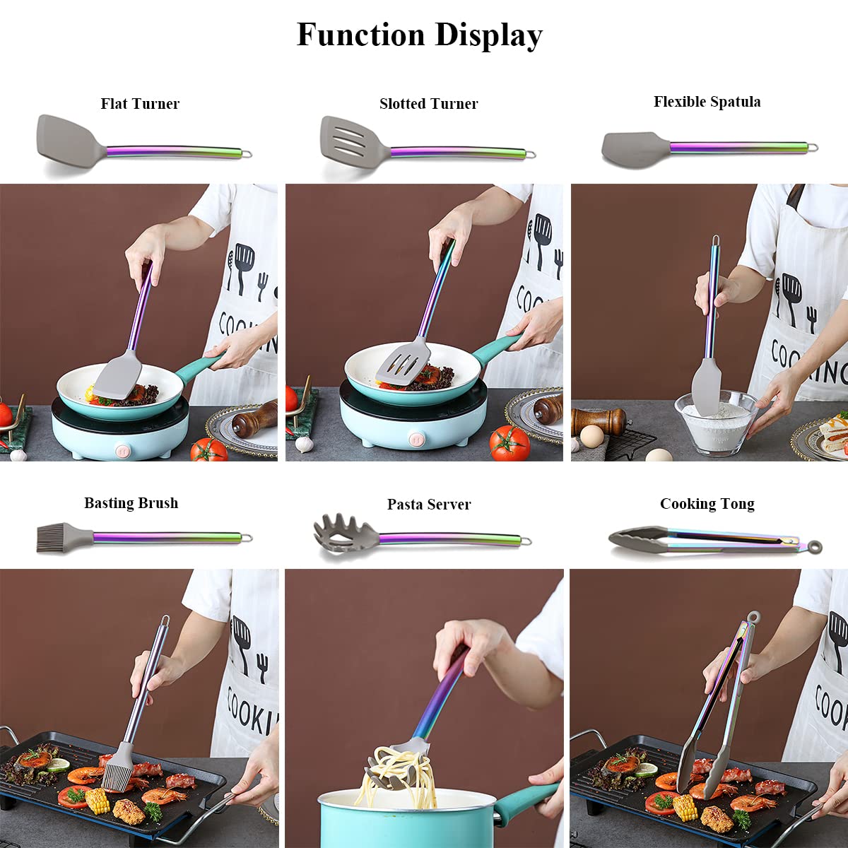 38-Piece Silicone Kitchen Cooking Utensils Set with Holder - Heat-Resistant Non-Stick Cookware Tools with Stainless Steel Handles & Silicone Heads - Dishwasher Safe Rainbow Color for Baking, Grilling & Everyday Cooking