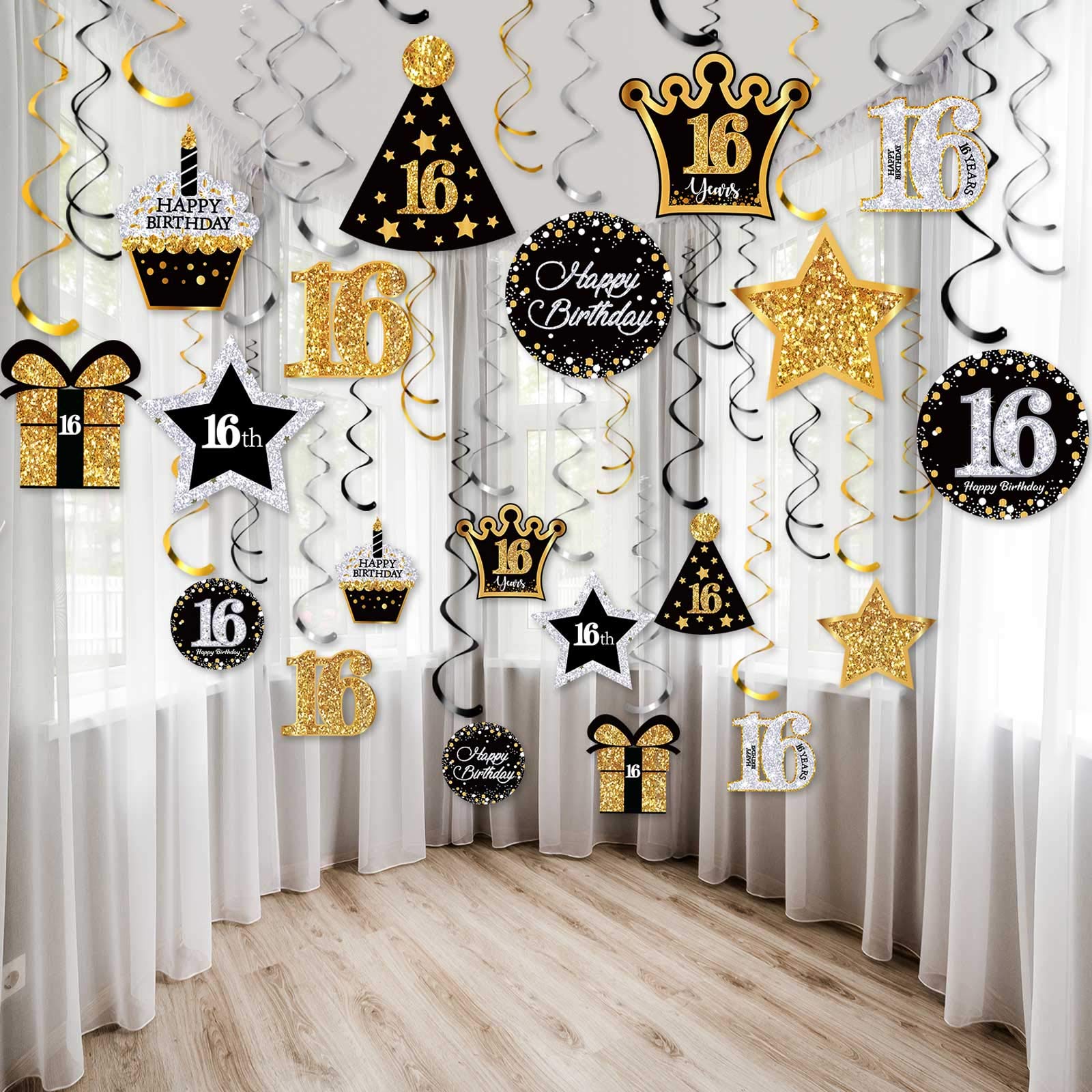 Frienda 30-Piece 16th Birthday Party Decorations Set - Shiny Hanging Swirls, Decorative Cards & Ceiling Decor for Sweet 16 Celebrations | Perfect for Birthday Party Supplies & Teenage Girls' Milestone Party Decor