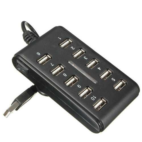 10-Port USB 2.0 Hub with Blue LED Lights - High-Speed Data Transfer & Charging Station for Laptop, PC, Mac, Gaming Setup & Home Office