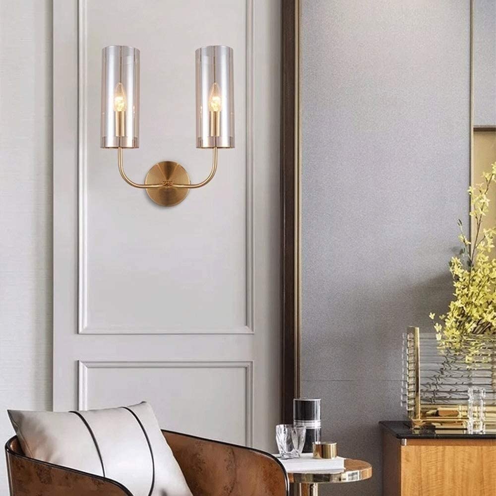 Modern LED Glass Wall Sconce - Double Head Indoor Wall Lantern with Amber Glass Lampshade for Living Room, Bedroom, Stairs & Corridor | Energy-Efficient Home Lighting for Cozy Ambiance & Nighttime Safety