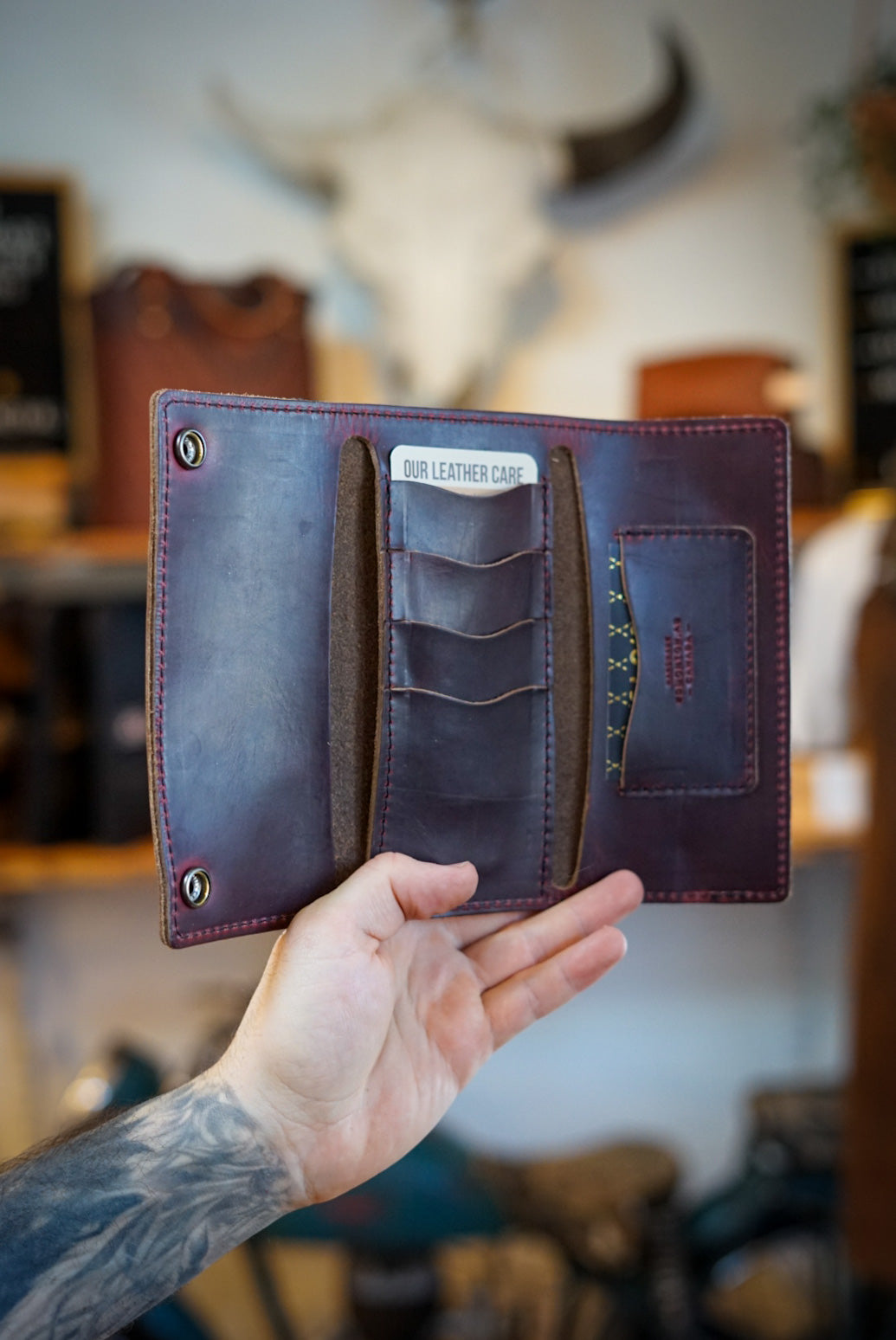 Premium Trifold Long Leather Wallet for Men - Genuine Horween Oxblood Leather - Perfect for Everyday Use, Business & Travel