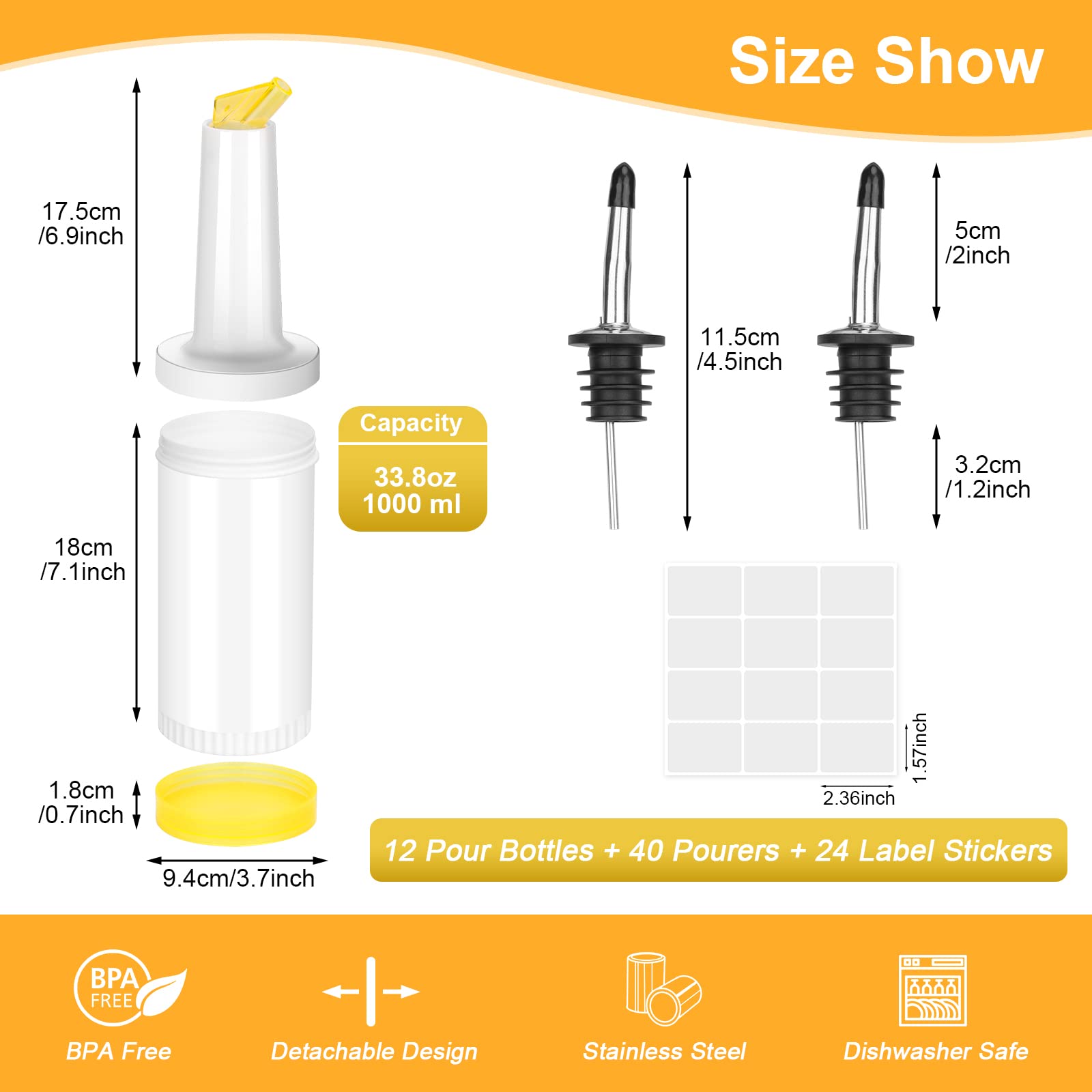 12 Plastic Juice Pour Bottles with 40 Stainless Steel Liquor Pourers - Durable Bar Accessories for Home Kitchen, Party & Commercial Use - Perfect for Cocktails, Coffee, Syrups & Beverage Dispensing