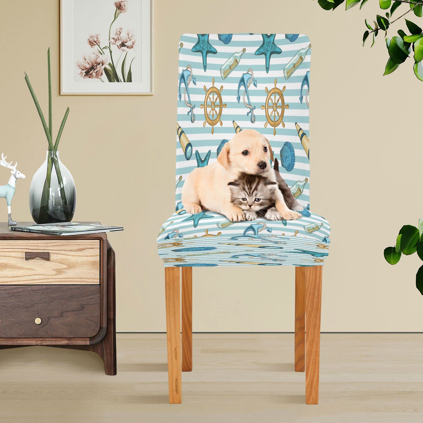 Anchor Teal Starfish Seashell Chair Covers - Washable Dining Room Slipcovers (2-Pack) | Waterproof Seat Protectors for Home, Kitchen, Restaurant & Hotel | Perfect for Coastal Decor & Beach-Themed Events