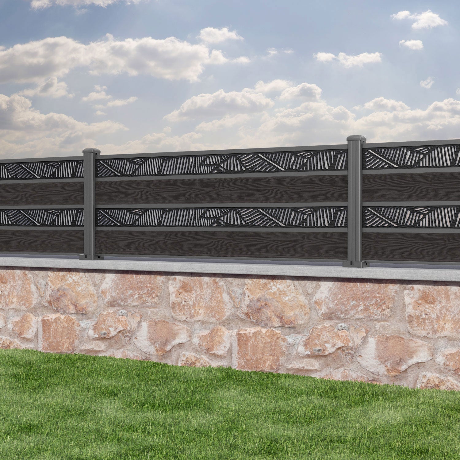 Classic Feather Split Screen Fence Panel - Dark Oak Wood Privacy Screen with Aluminum Posts for Patio, Garden, and Backyard Decoration