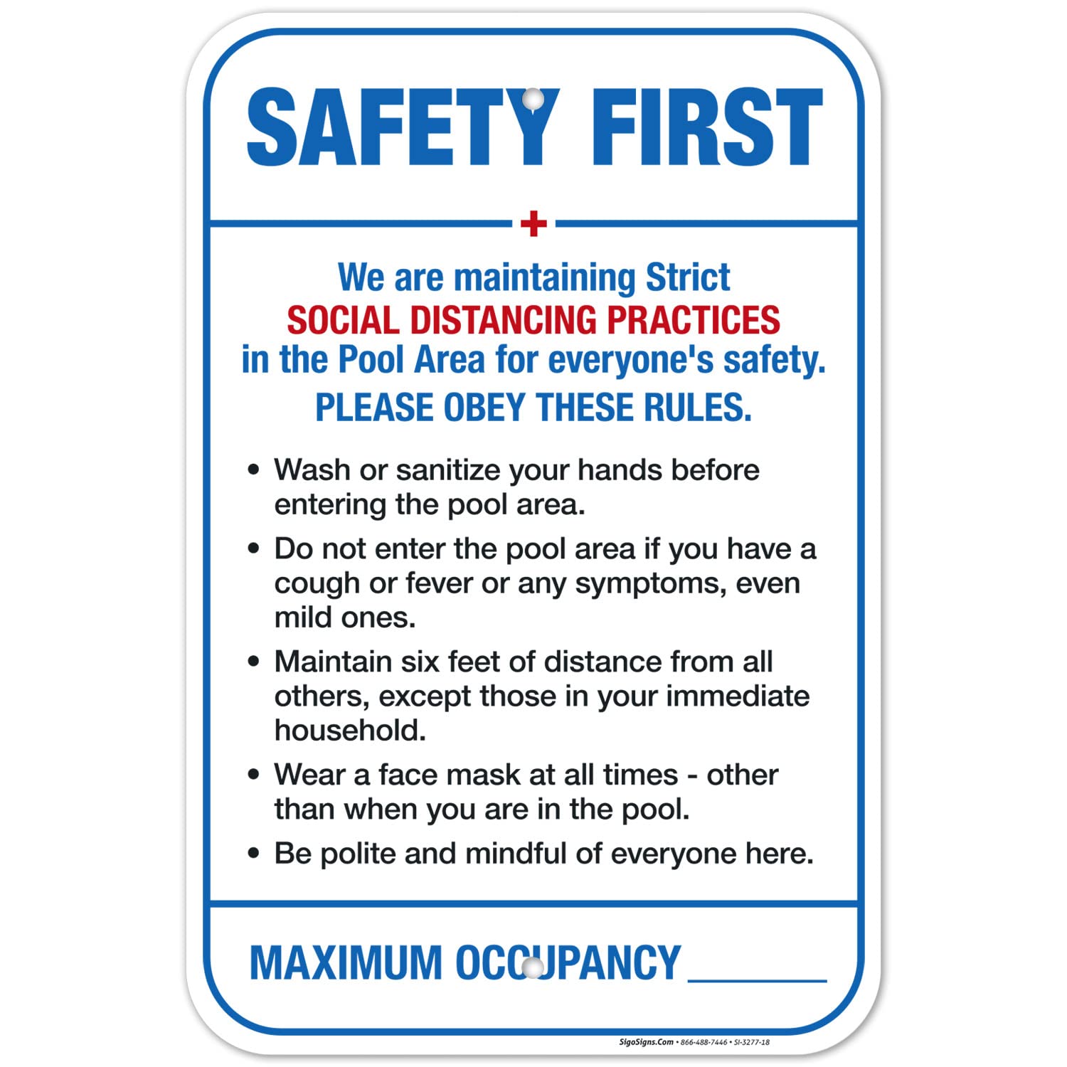 Social Distancing Pool Rules Sign - 12x18 Inch Rust-Free Aluminum Safety Sign for Pools, Beaches & Resorts - Fade-Resistant, Made in USA