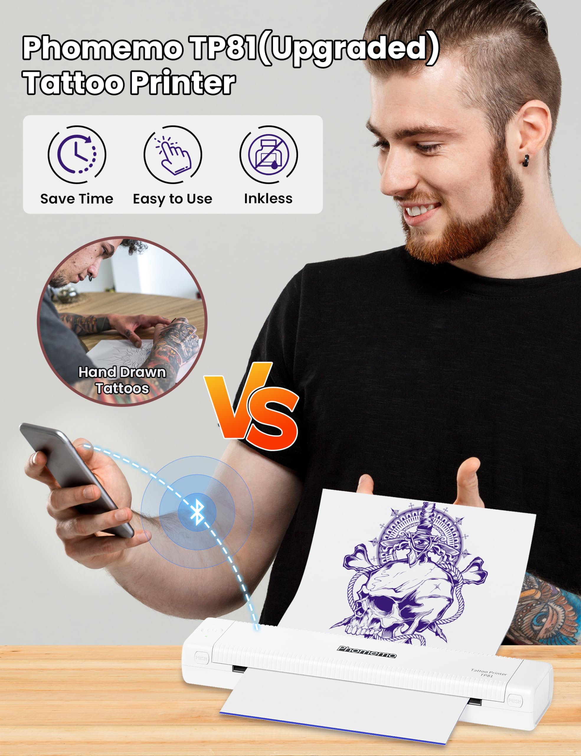 Phomemo TP81 Wireless Tattoo Stencil Printer with 10 Transfer Papers - Portable Tattoo Printing Machine for Artists & Beginners - Works with Smartphone, Tablet & PC - Perfect for Tattoo Studio & Home Use - White