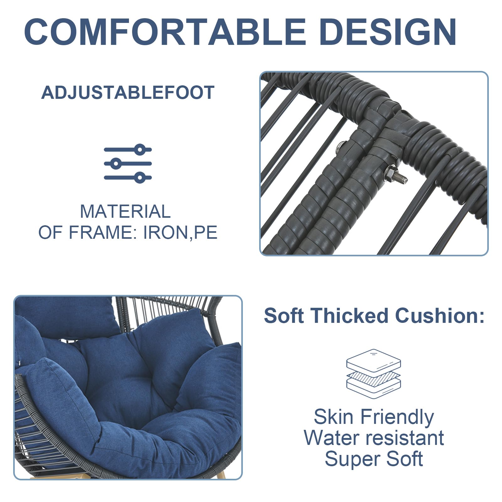 2-Person Outdoor Wicker Egg Chair with Cushions & Pillow - Rattan Tear Drop Basket Patio Lounge Chair for Porch, Deck, Backyard, Garden (Grey/Blue) - Perfect for Relaxing, Sunbathing, and Outdoor Conversations
