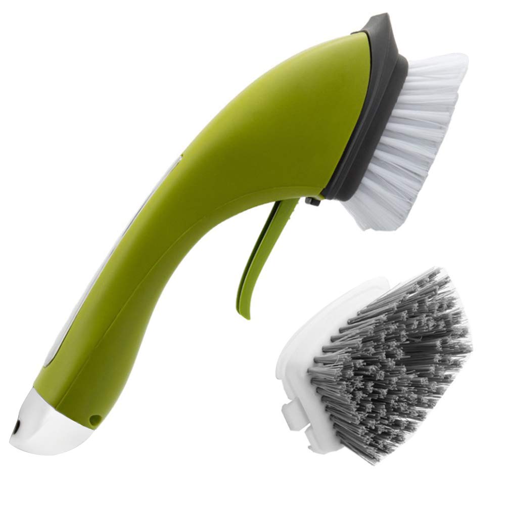 ELEOPTION Kitchen Sink Cleaning Brush with Soap Dispenser - Stainless Steel Pot Scrubber for Dishes, Stove, Tiles - Ergonomic Household Cleaning Brush (Green) - Perfect for Deep Cleaning Kitchen Sinks & Cookware