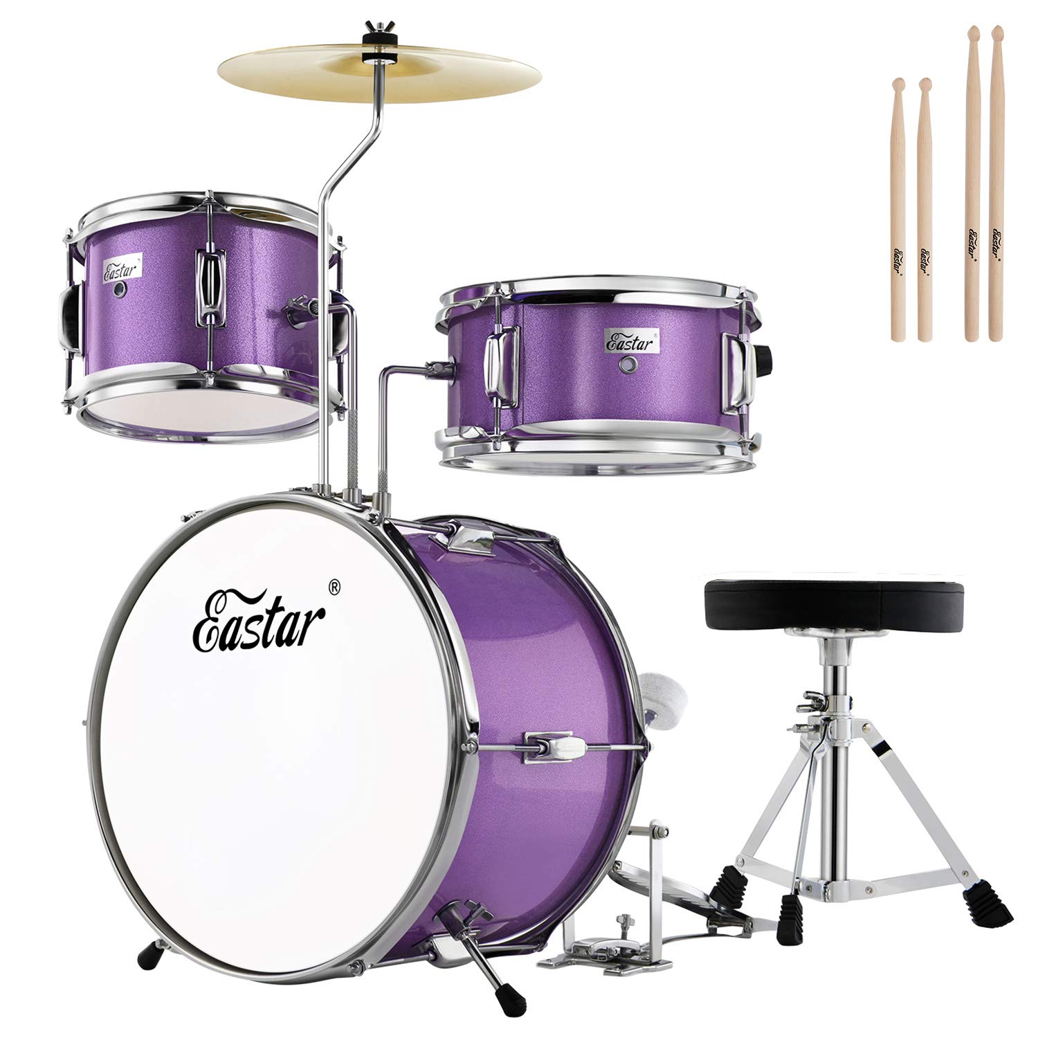 Eastar 14 Inch 3-Piece Junior Drum Set for Beginners - Complete Kit with Bass Drum, Tom, Snare, Adjustable Throne, Cymbal, Pedal & Drumsticks (Metallic Purple) - Perfect for Kids, Teens & First-Time Drummers - Home Practice, Music Lessons & Rock Band Performances