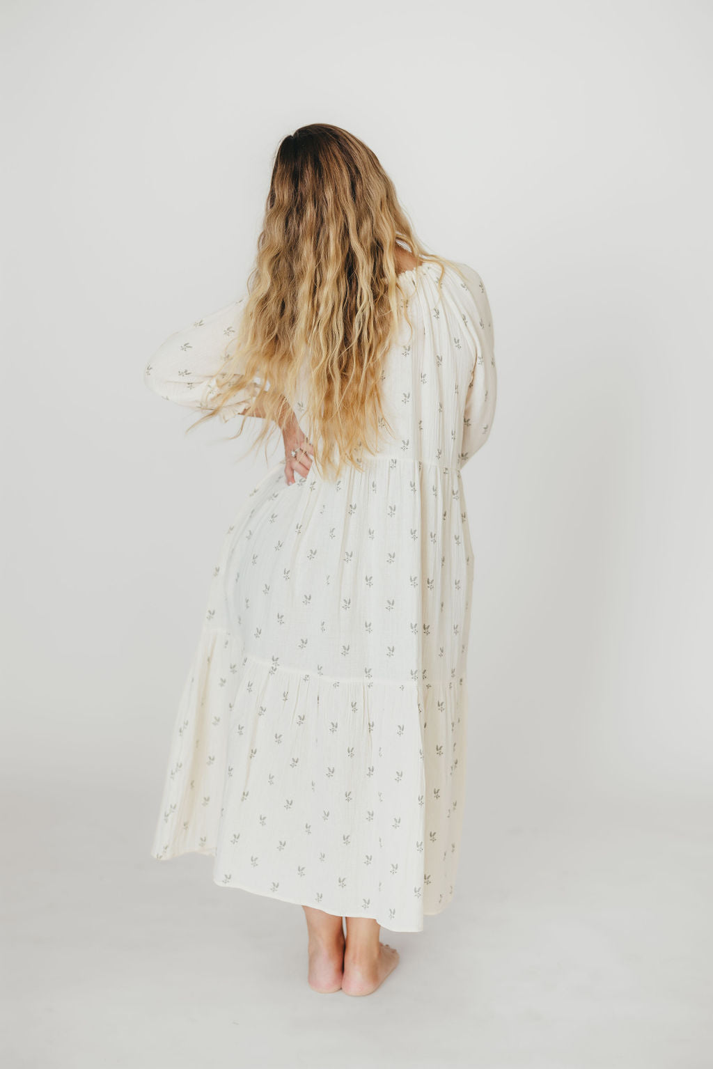 Avery Tiered Linen Blend Midi Dress in Soy/Sage Foliage - Bump Friendly Maternity Dress with Inclusive Sizing for Women - Perfect for Summer Weddings, Beach Vacations & Brunch Dates