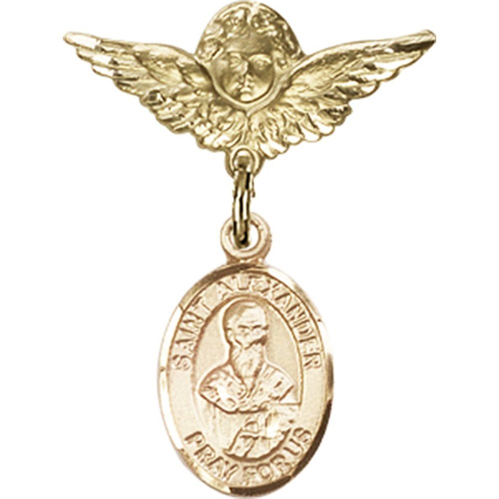 St. Alexander Sauli Gold Filled Baby Badge with Angel Wing Charm - 1 x 3/4 Inch Religious Pin for Baptism, Christening & First Communion Gifts