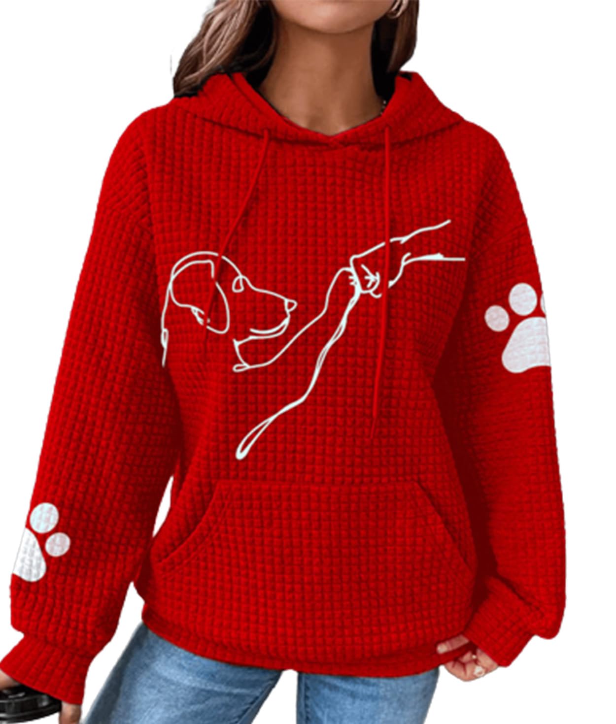 Apvirdy Women's Cute Dog Print Waffle Knit Oversized Hoodie Sweatshirt - Soft Pullover Sweater with Pocket, Plus Size Casual Top for Fall Outfits & Cozy Loungewear