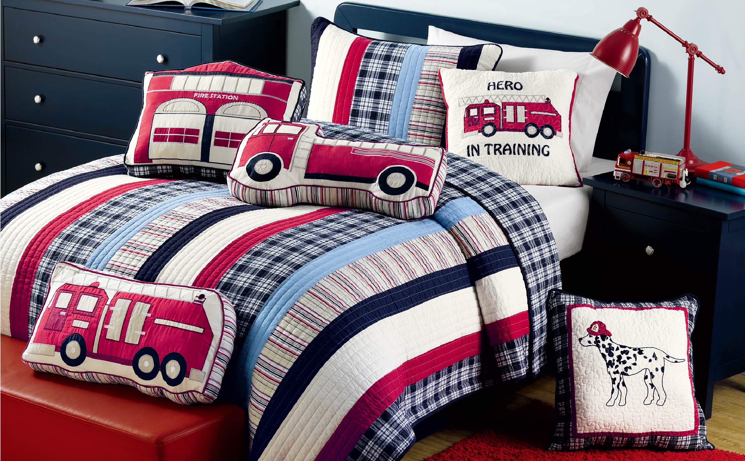 100% Cotton Reversible Navy Blue Red Grid Stripe Quilt Bedding Set - Twin Size 7-Piece (Quilt, Sham & 5 Decorative Pillows) | Cozy Line Home Fashions | Boys' Room Decor, Dorm Bedding & Comfortable Sleep Accessories