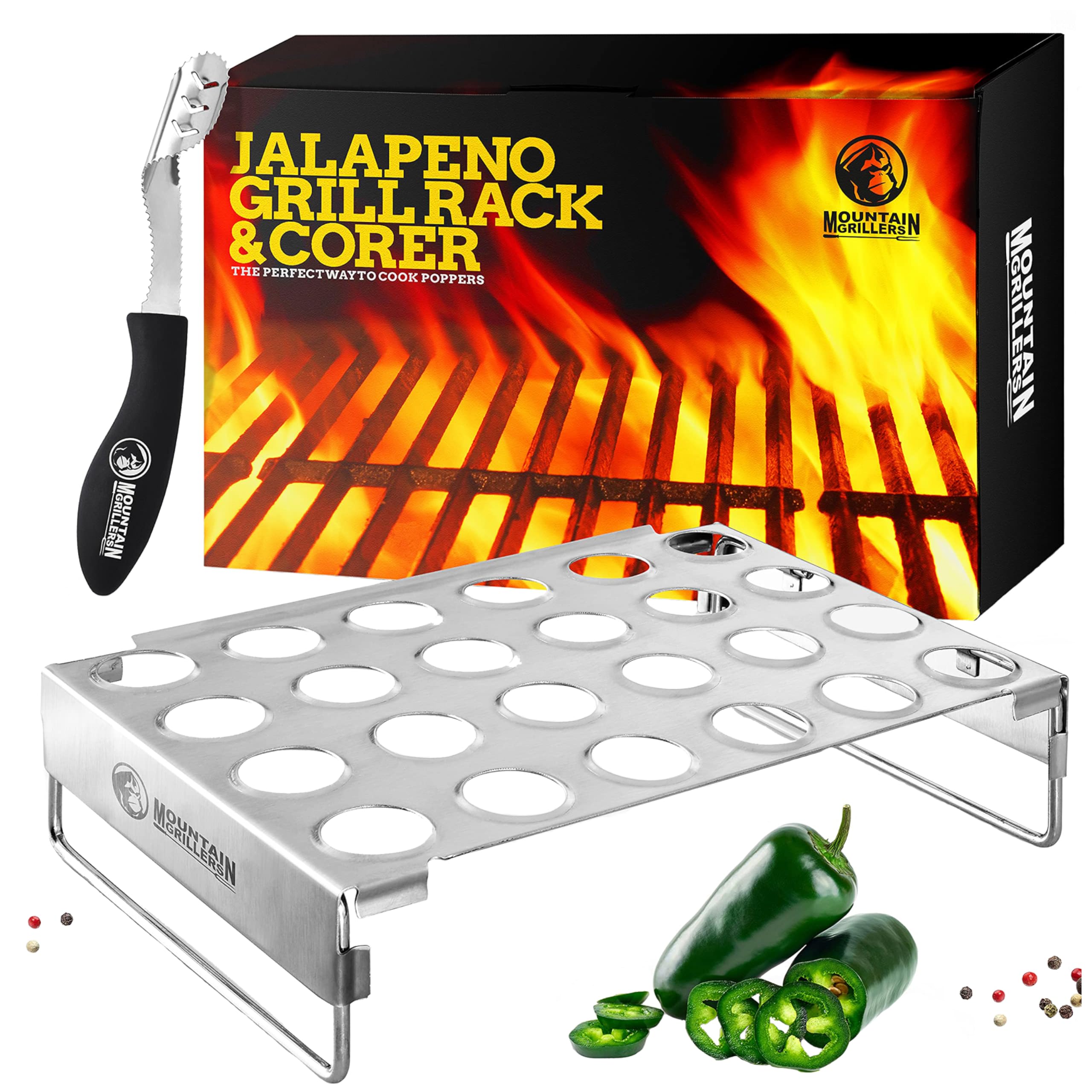 MOUNTAIN GRILLERS 24-Hole Jalapeno Popper Holder for Grill with Corer Tool - Large Pepper Rack & Tray - Dishwasher & Oven Safe - Perfect for Backyard BBQs, Tailgating & Outdoor Cooking