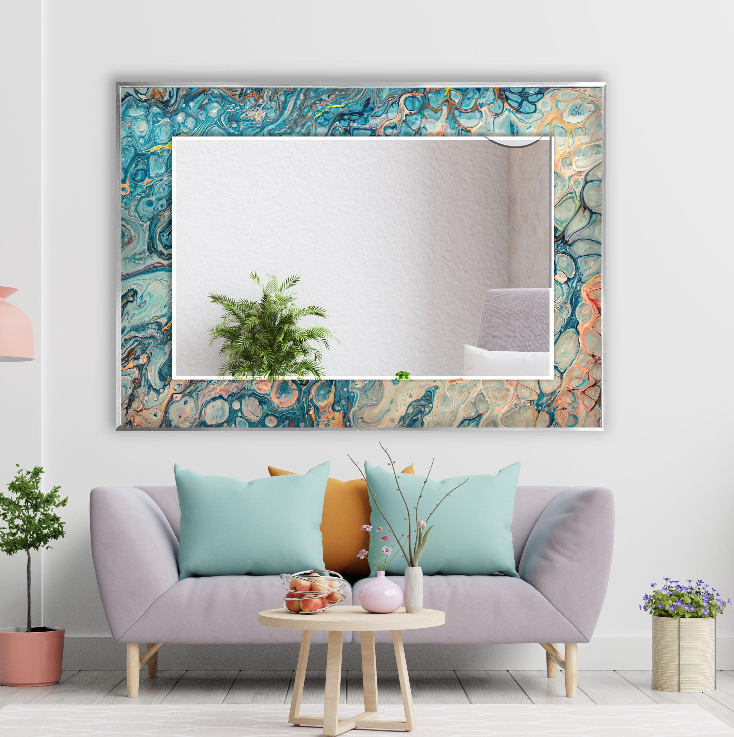 Blue & Beige Abstract Wall Mirror - Modern Decorative Round Mirror for Living Room, Bedroom, Entryway - Boho Home Decor Accent Piece for Wall Hanging