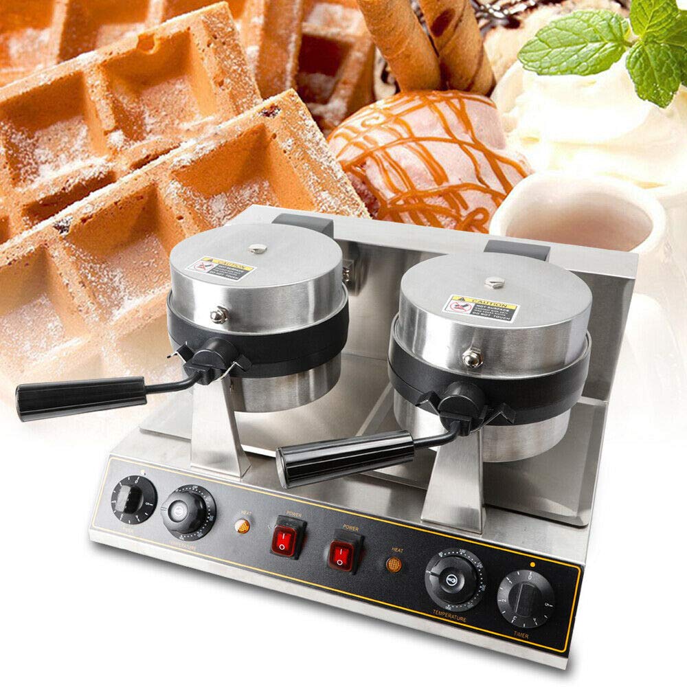 Commercial 1500W Stainless Steel Double Head Waffle Maker - Non-Stick Round Waffle Baker Machine for Restaurants, Dessert Shops & Home Breakfast - Perfect for Belgian Waffles, Pancakes & Desserts
