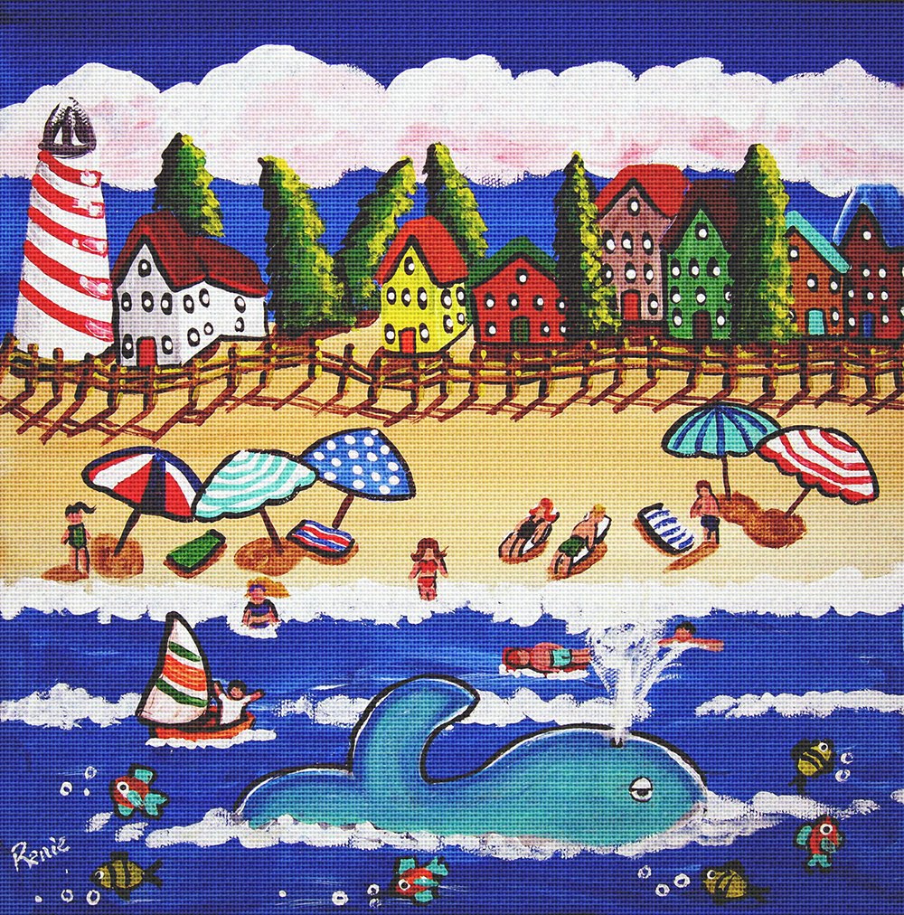 Blue Whale Needlepoint Kit - Cape Cod Beach Art by Renie Britenbucher | DIY Embroidery Kit for Beginners, Home Decor & Gift Ideas