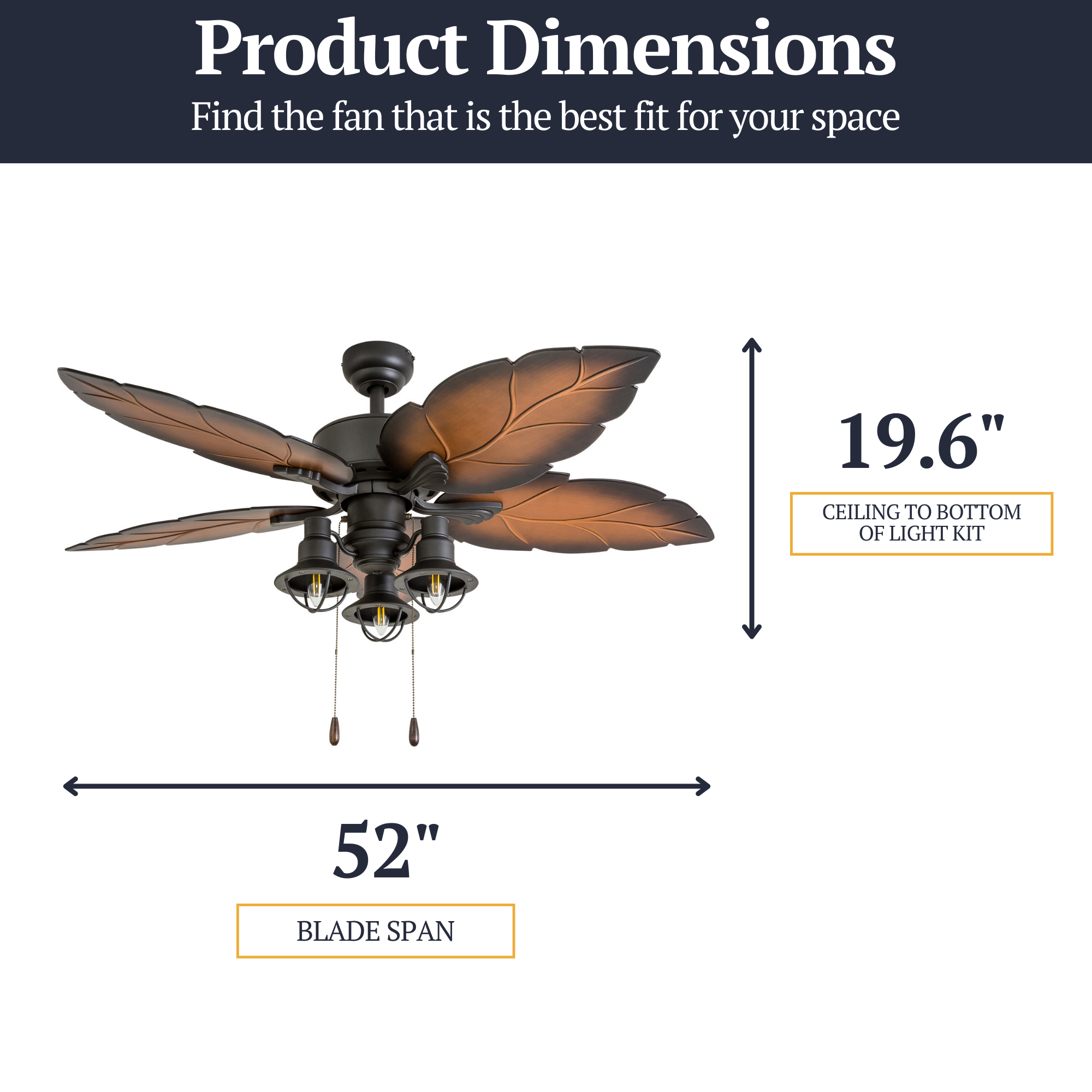 52 Inch Bronze Ocean Crest Ceiling Fan with Pull Chain - Indoor/Outdoor Use for Bedroom, Living Room, Patio & Covered Porch
