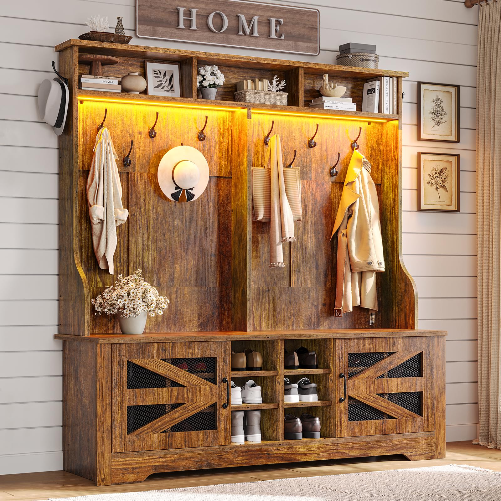 Itaar 5-in-1 Hall Tree with Bench, Shoe Storage & Coat Rack - 16 Shoe Cubbies, 12 Coat Hooks, Barn Door & Adjustable Shelf - Rustic Brown Entryway Organizer for Mudroom, Foyer or Home Decor