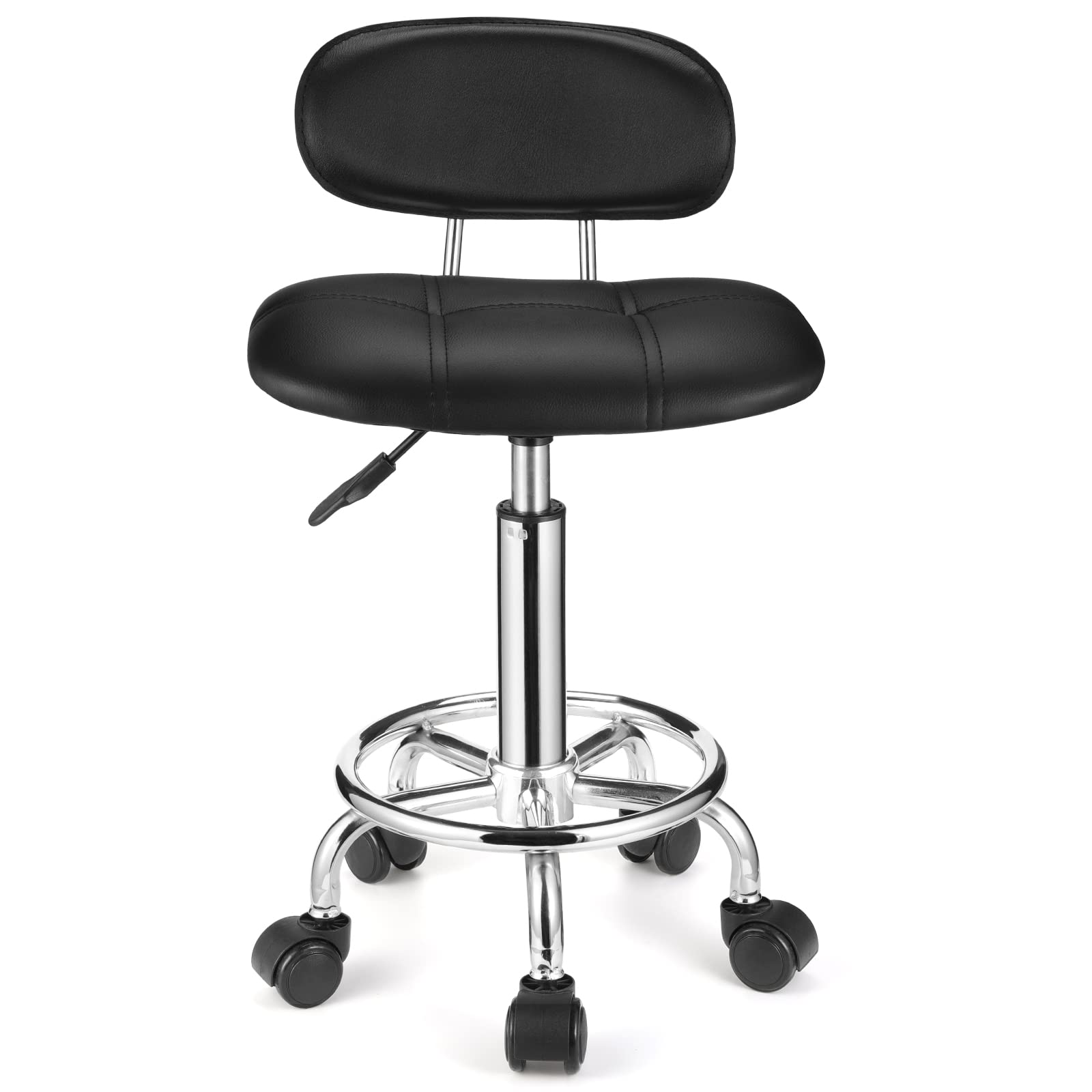 Adjustable Height Square Rolling Stool with Backrest & Wheels - Ergonomic Swivel Chair for Office, Salon, Kitchen & Home Use - Black