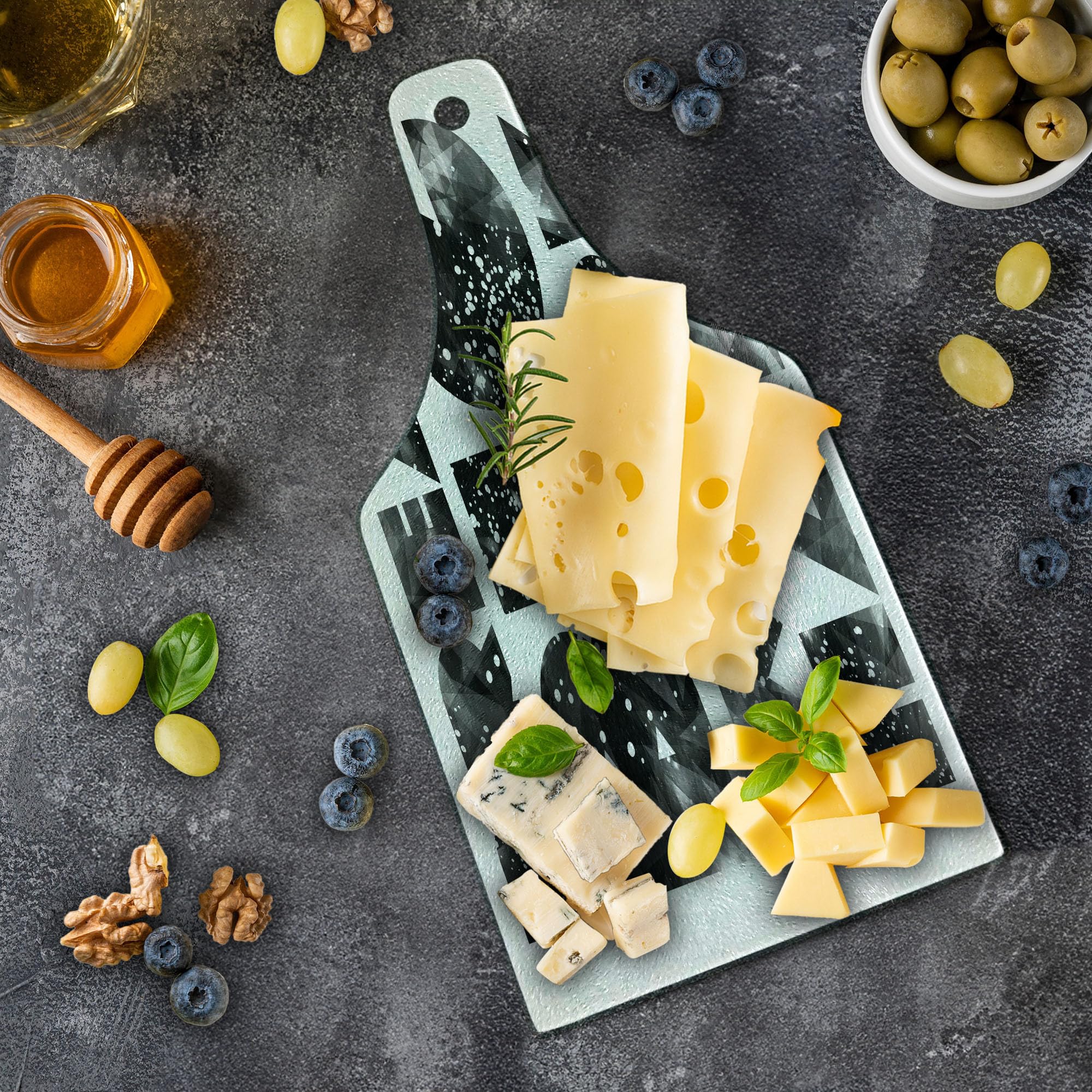 Ambesonne Galaxy Outer Space Themed Tempered Glass Cutting Board - Dream Big Work Hard Typography Design, Wine Bottle Shaped Serving Board for Kitchen & Entertaining (Black, Grey, White) | Perfect for Cheese Platters, Charcuterie Displays & Wine Pairing Parties