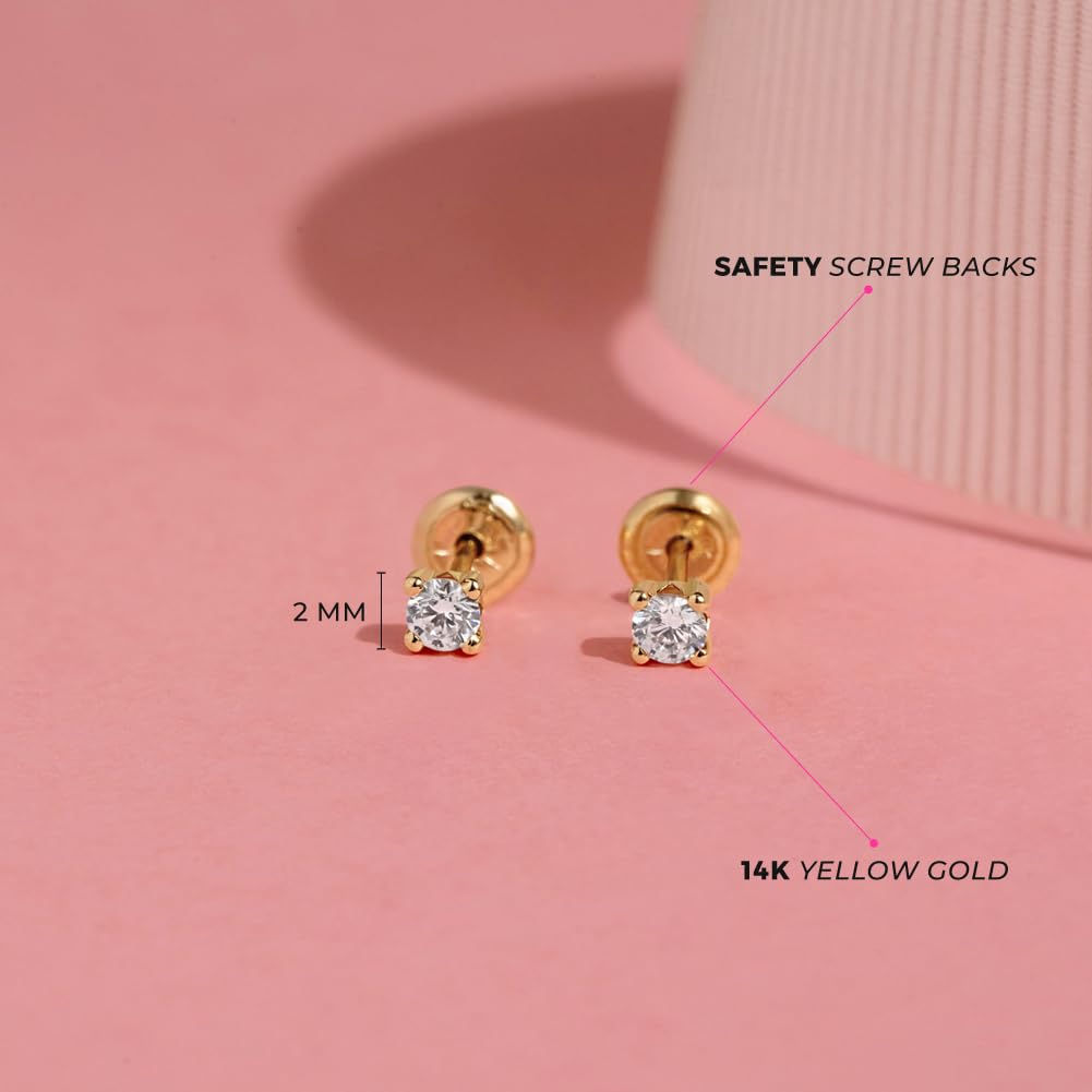 14K Yellow Gold Plated 2mm, 3mm, 5mm Cubic Zirconia Prong Set Screw Back Stud Earrings for Baby Girls - Hypoallergenic CZ Birthstone Simulated Earrings for Infants & Toddlers - Perfect for Baptism, Birthday Gifts & Special Occasions