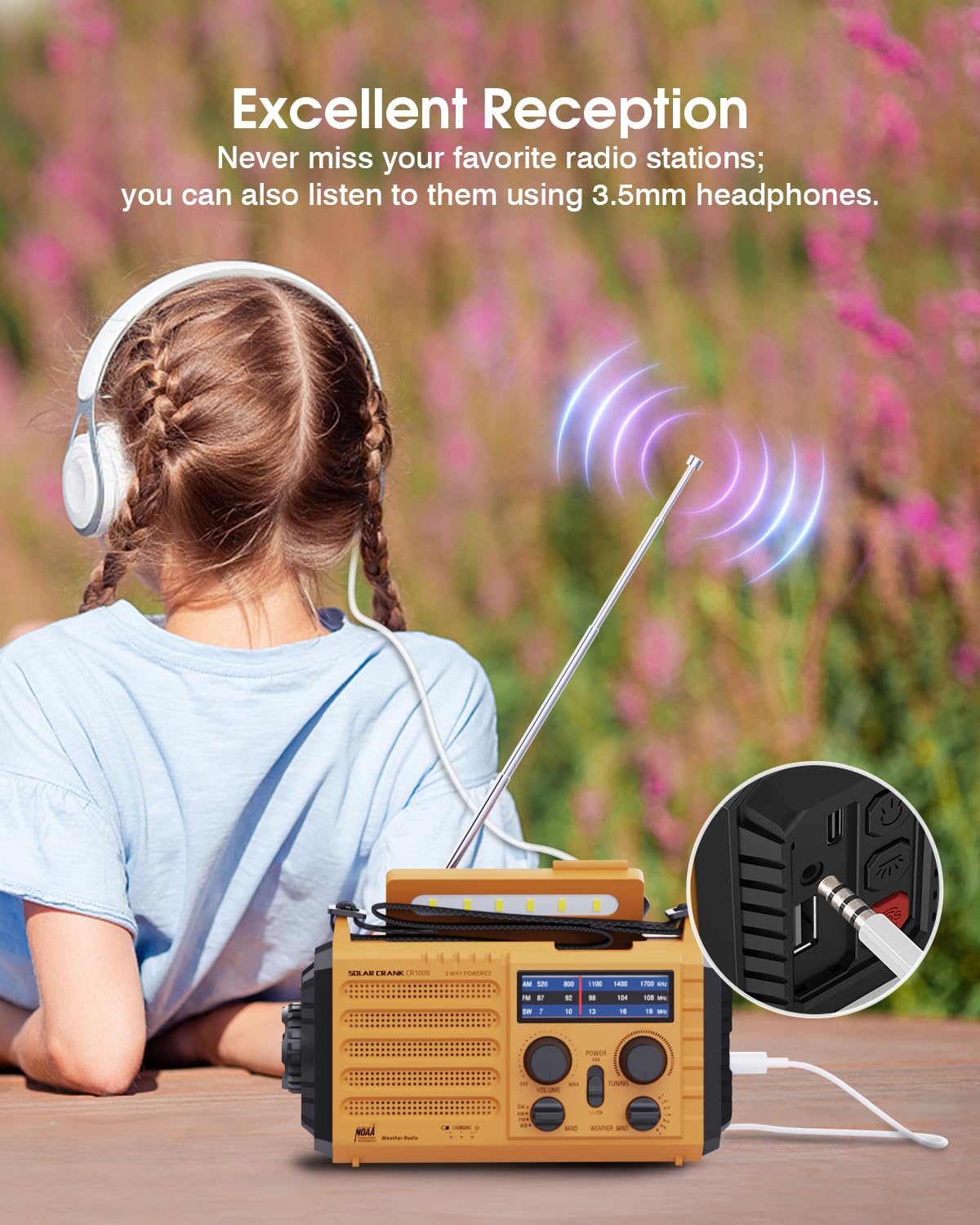 NOAA Emergency Weather Radio - Solar, Hand Crank, 5-Way Powered AM/FM/SW Portable Radio with 18500mWh Power Bank, LED Flashlight & SOS Alarm (Yellow) - Perfect for Camping, Hiking, and Emergency Preparedness