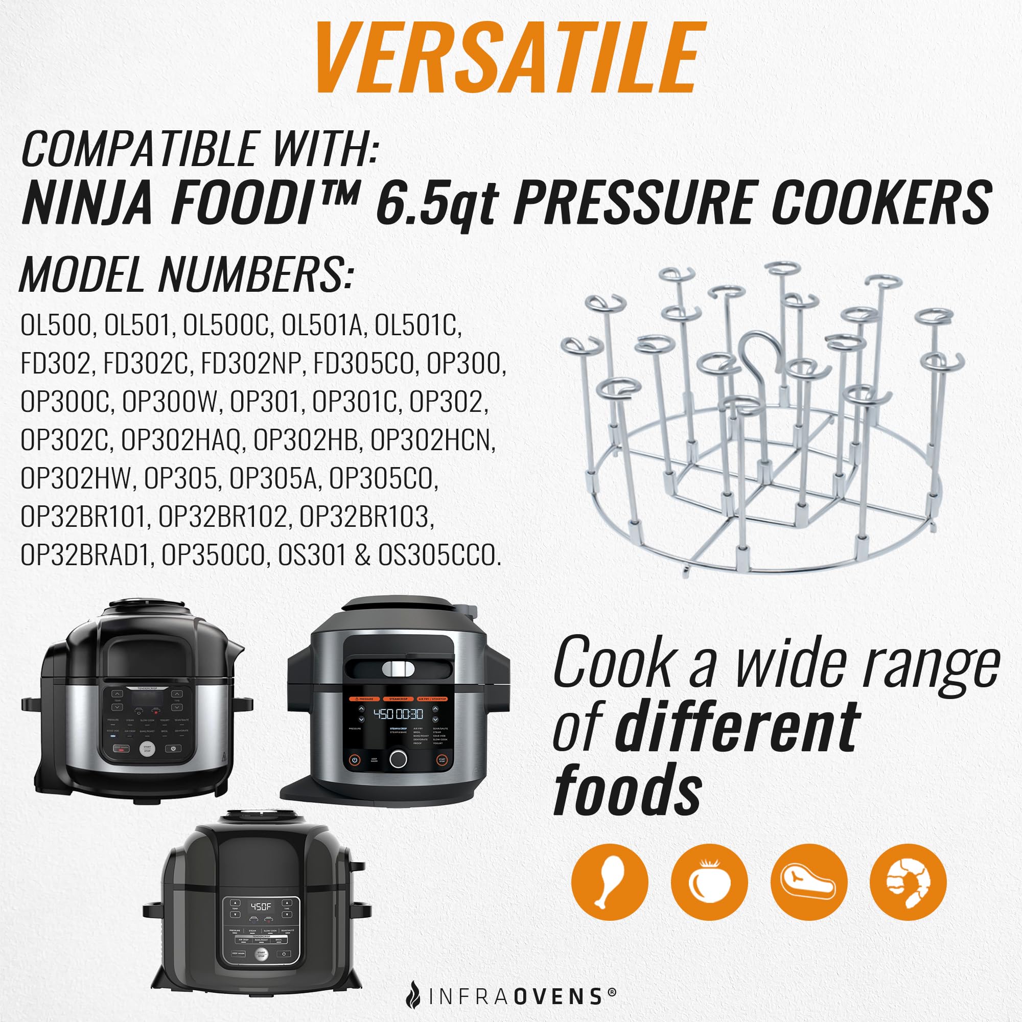 INFRAOVENS Pressure Cooker Accessories Rack for Ninja Foodi 6.5-Quart OL500 OL501 OS301 10-in-1 Air Fryer | Silicone Heat Resistant Liner & Skewer Stand for Kabobs FD302 OS300 OP302 | Perfect for Cooking, Roasting, and Air Frying at Home