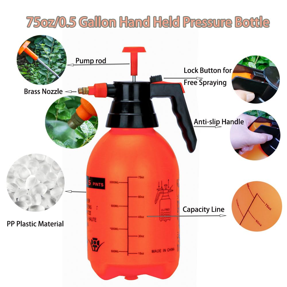 2 Pack 2L Handheld Garden Pump Sprayer - 0.5 Gallon Water Mist Spray Bottle for Plants, Lawn & Weed Control with Adjustable Brass Nozzle (Orange) - Perfect for Outdoor Gardening, Fertilizing & Pest Control