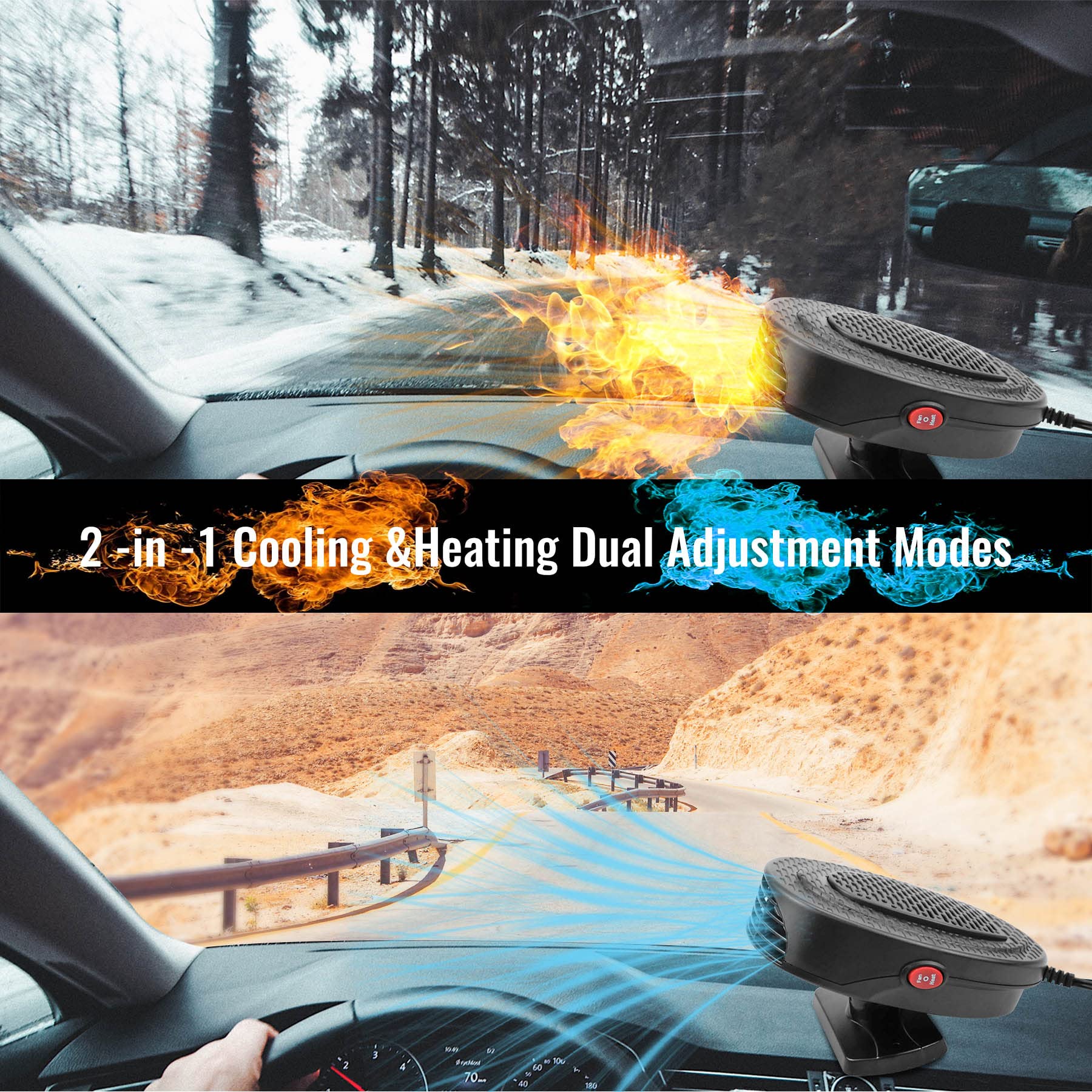 12V 150W Car Heater & Defroster - Fast 30-Second Heating for Windshield Defogging & Cabin Warming - Dual-Power Cigarette Lighter Plug - Ideal for Winter Driving, Road Trips & Emergency Vehicle Heating